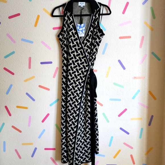 DVF Collared Sleeveless Vintage Weave Sweaterknit Wrap Dress NWT Sz XL - Picture 3 of 7